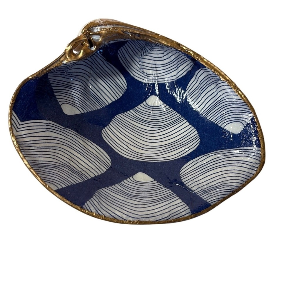 Handmade Blue White Decoupage Clam Shell Trinket Dish Gold Trim Coastal Decor‎